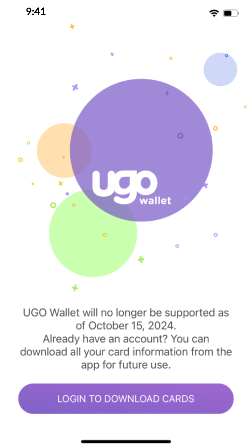 UGO Wallet login screen